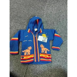 Lucy Iburg Handmade in Peru.  NWT Blue Knit Sweater, Horses, Sun Zip-Up Hoodie